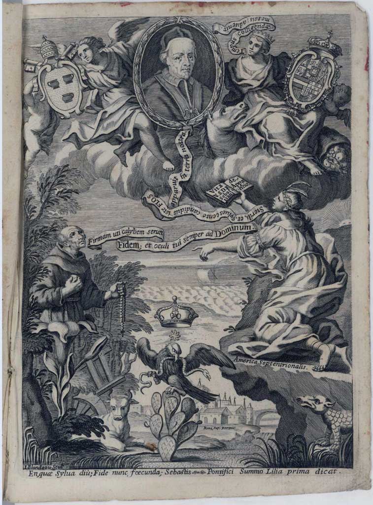Grabado que representa al beato Sebastián de Aparicio y el águila devorando a una serpiente, siglo XVII.