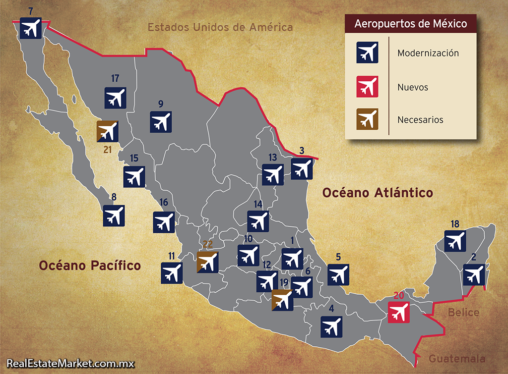 Ubicación de las terminales aéreas más importantes de la República Mexicana