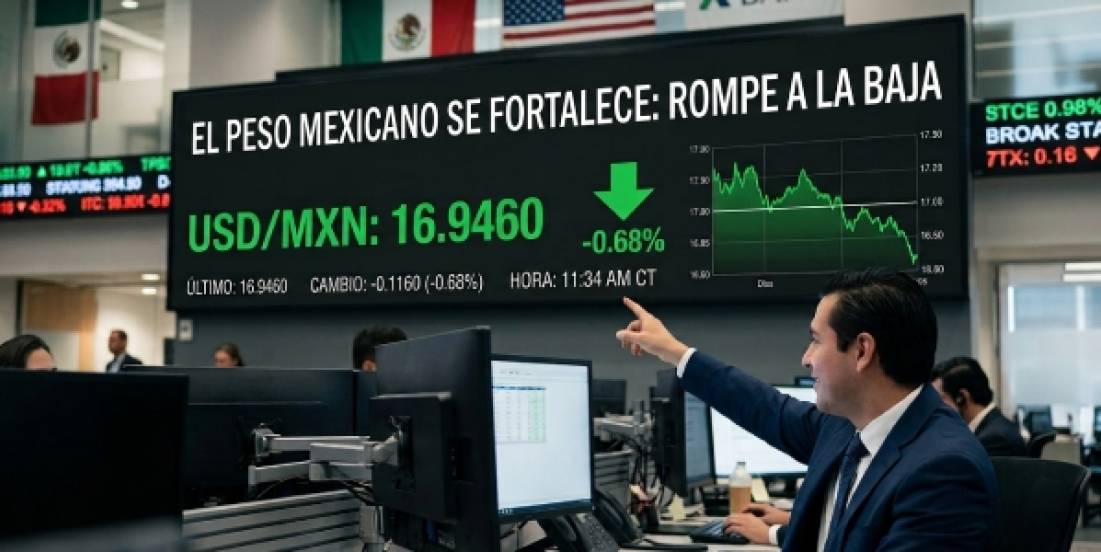 Peso toca mínimo de 16.95 por dólar, su nivel más fuerte en más de dos años