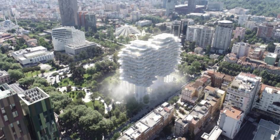 BIG proyecta una torre suspendida sobre un parque en Tirana