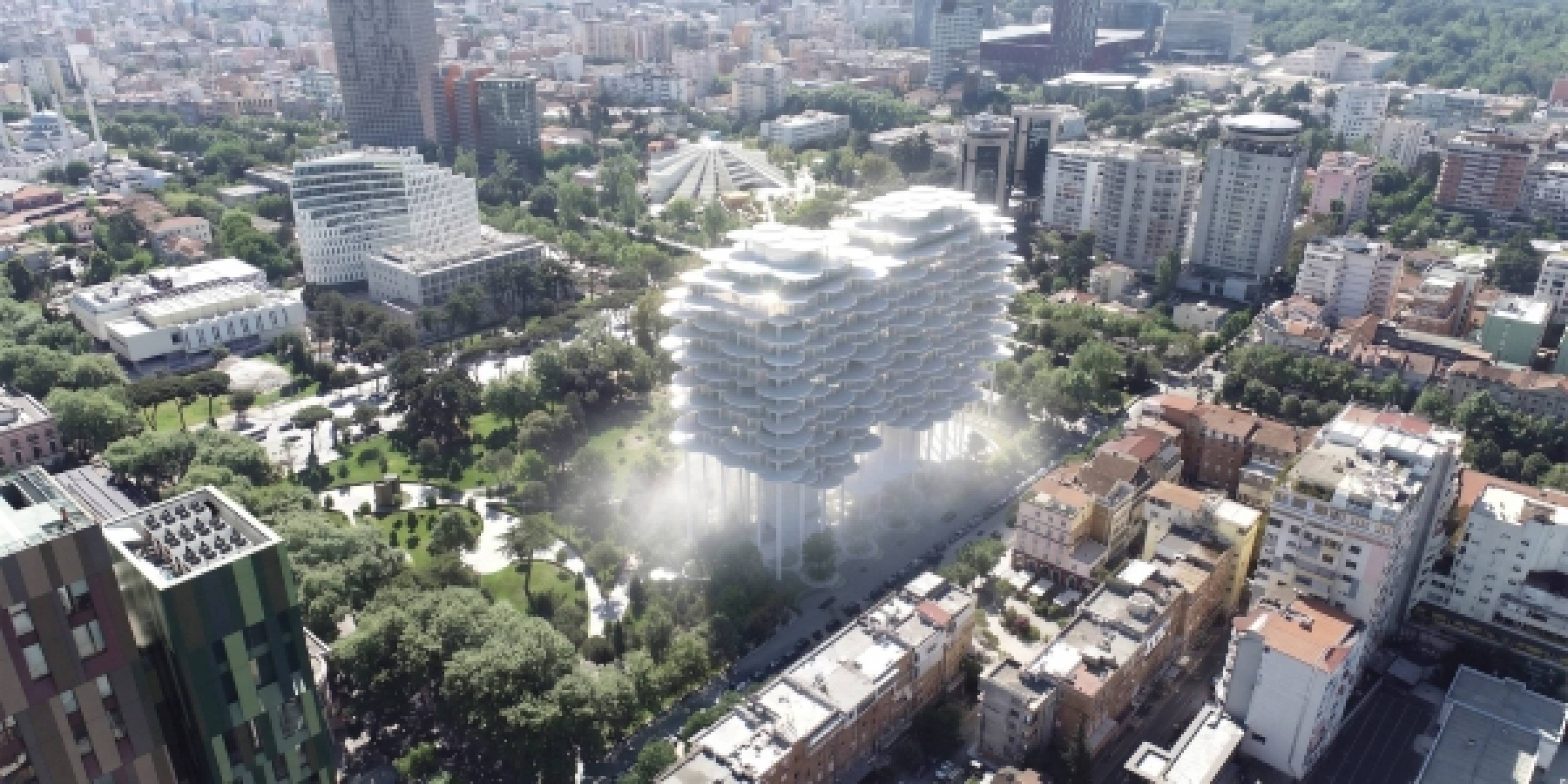 BIG proyecta una torre suspendida sobre un parque en Tirana