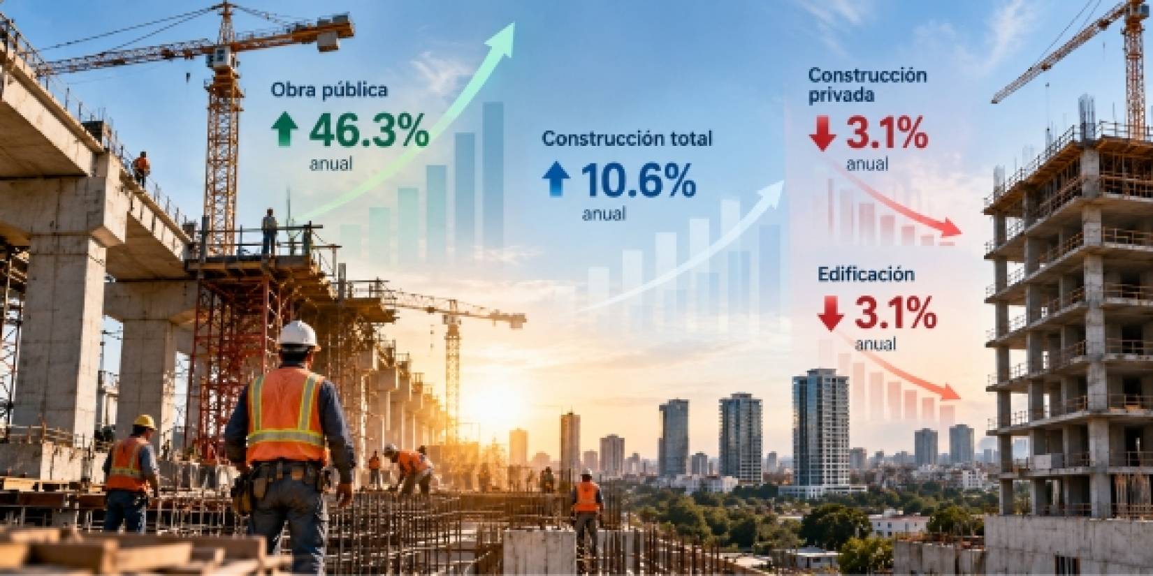 Construcción avanza a 2 velocidades, obra pública crece 46.3% y privada cae 3.1%